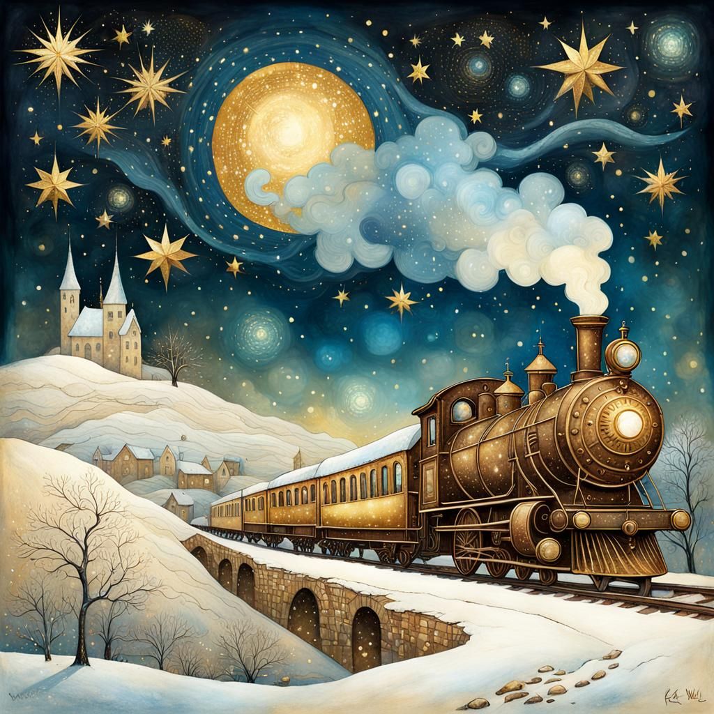 Steampunk Western Town in Winter, Mosaic Poster Art