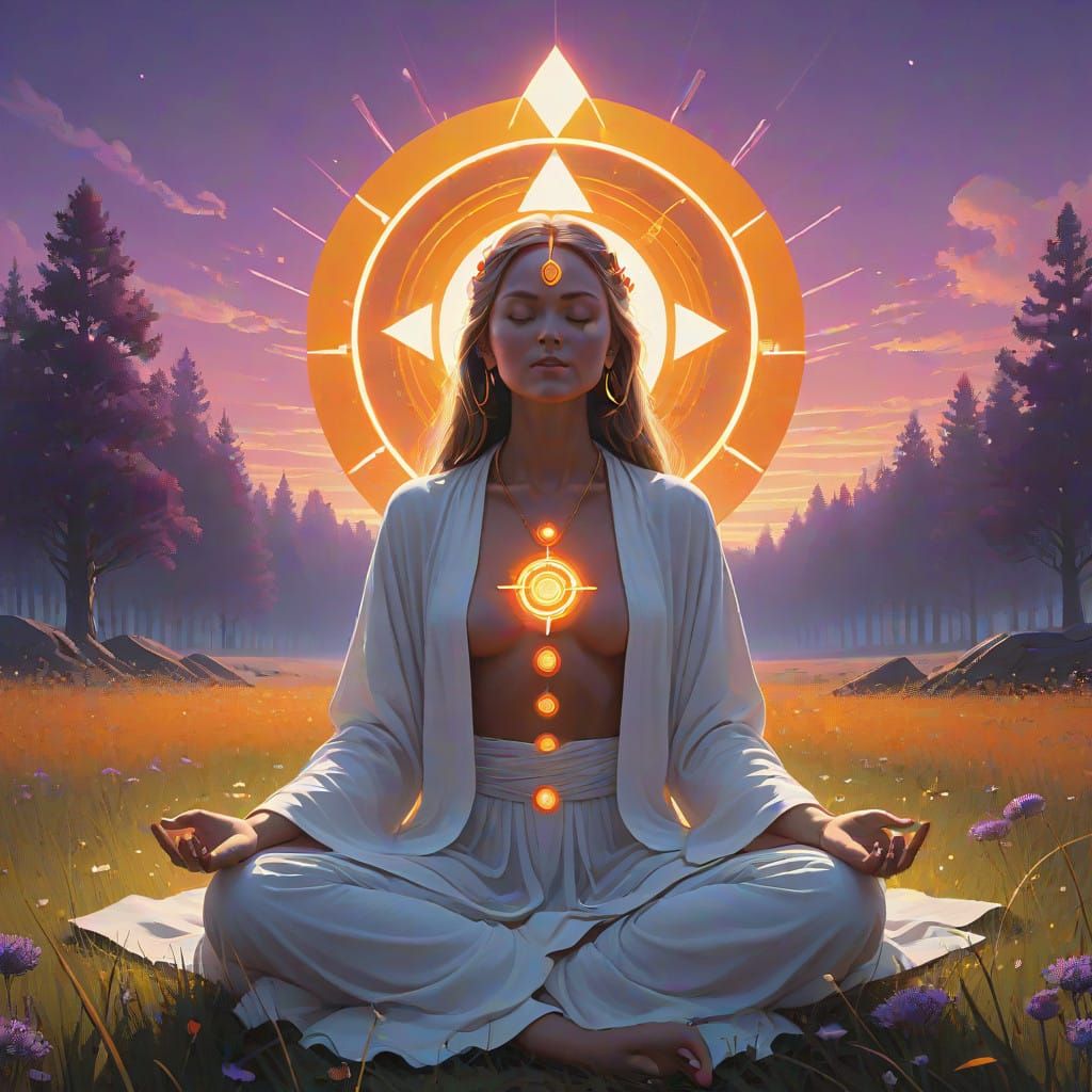 Woman Radiates Luminous Purple Energy in Serene Meadow Scene