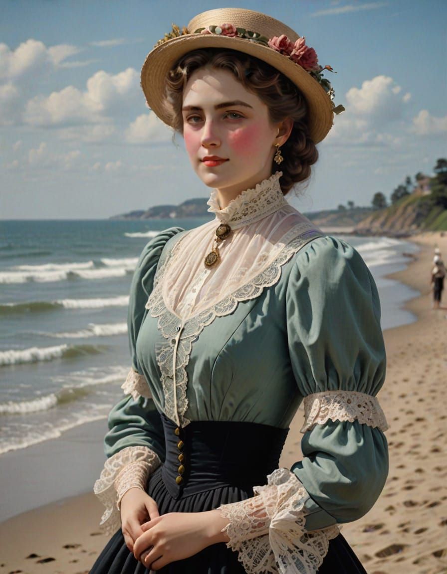 Victorian Lady Strolls Along Seaside with Humble Smile