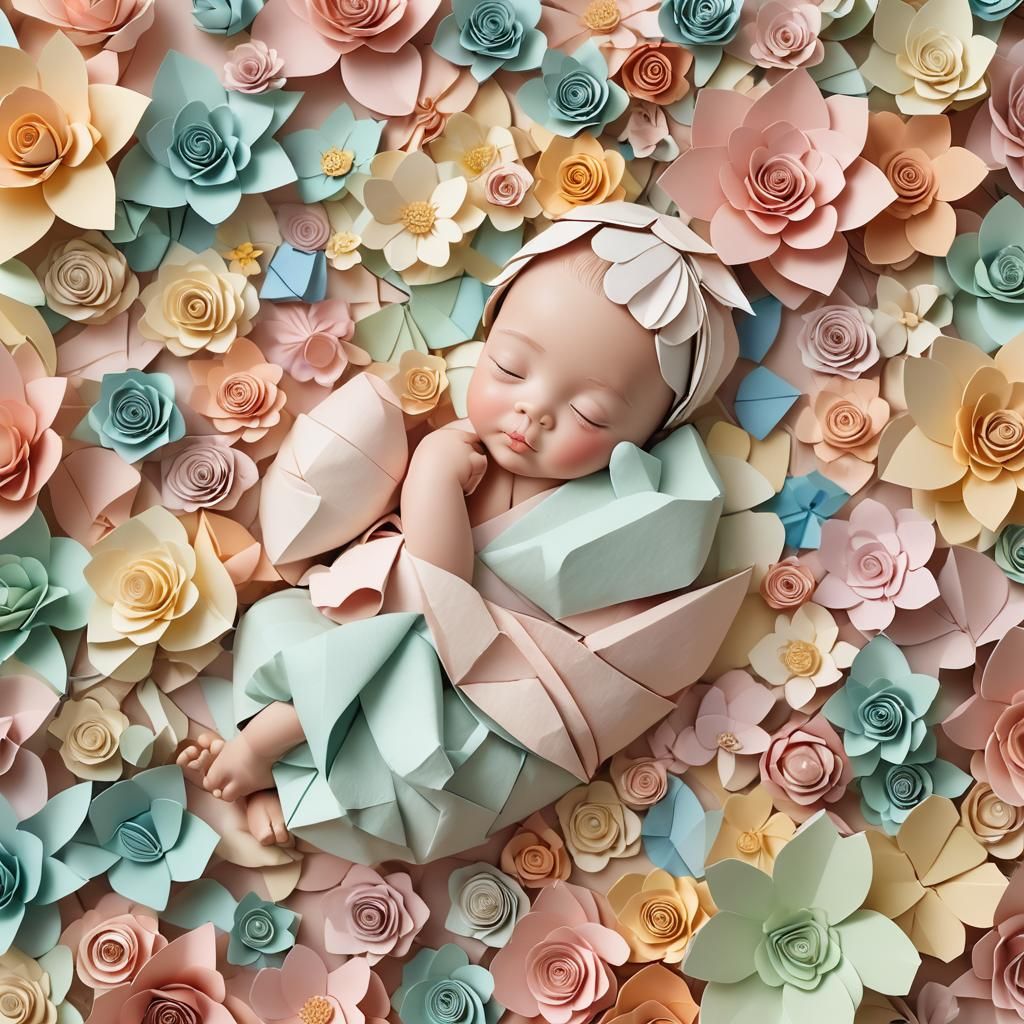 Origami Paper Art: Sleepy Baby in Pastel Nursery