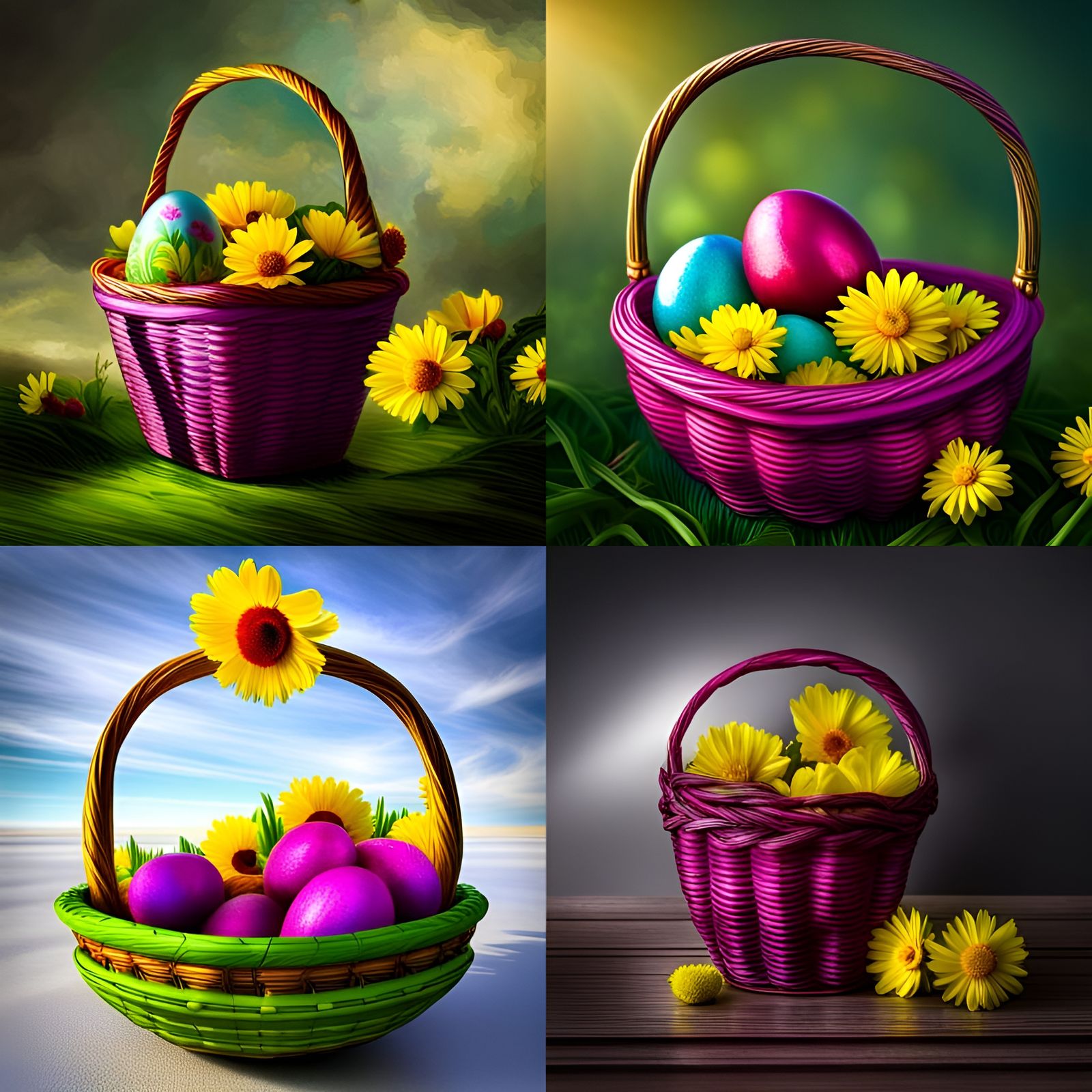 Purple Easter Egg in Basket with Yellow Flowers