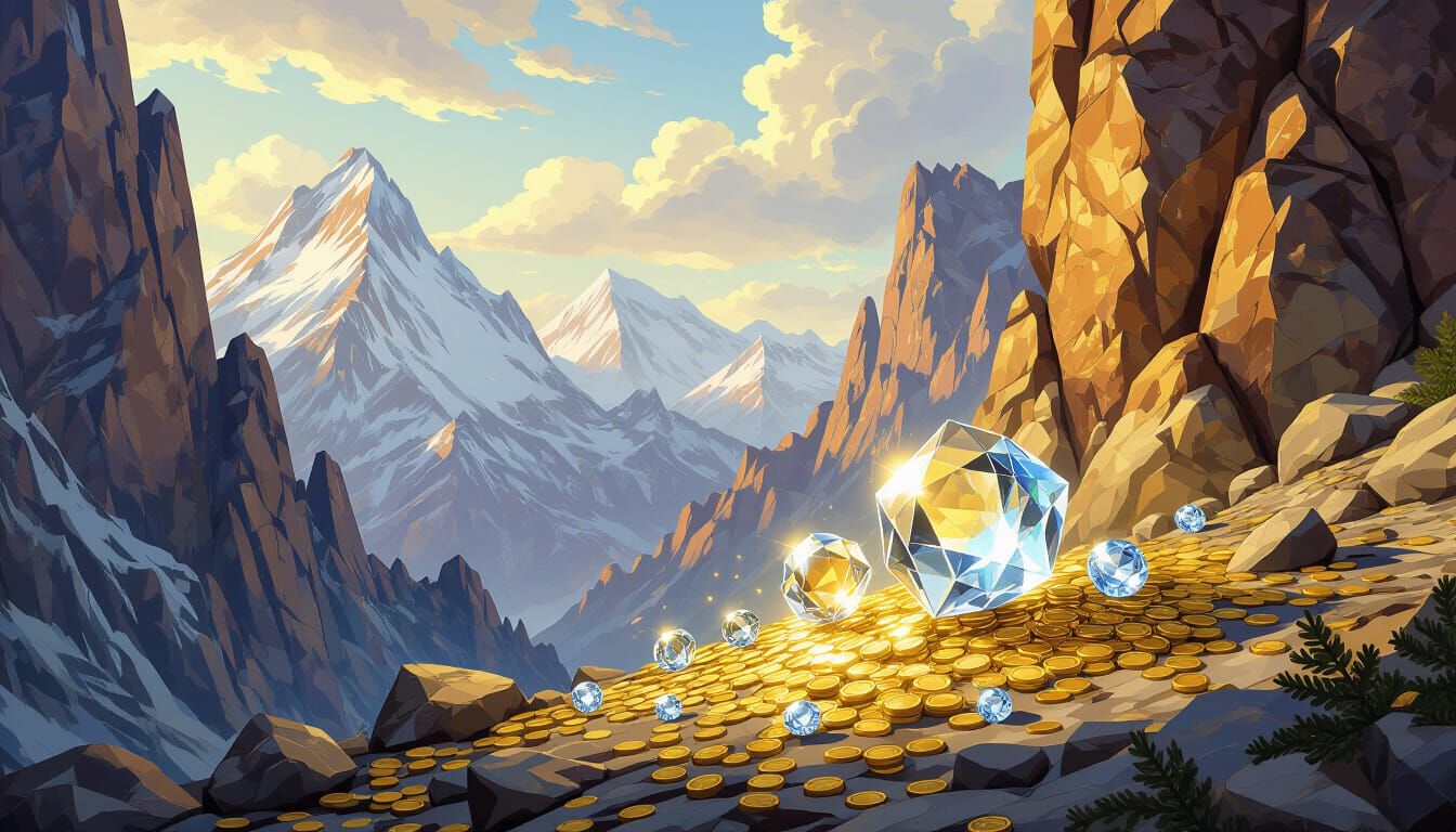 Crystal Cubes Spill Gems on Amber Rock Landscape