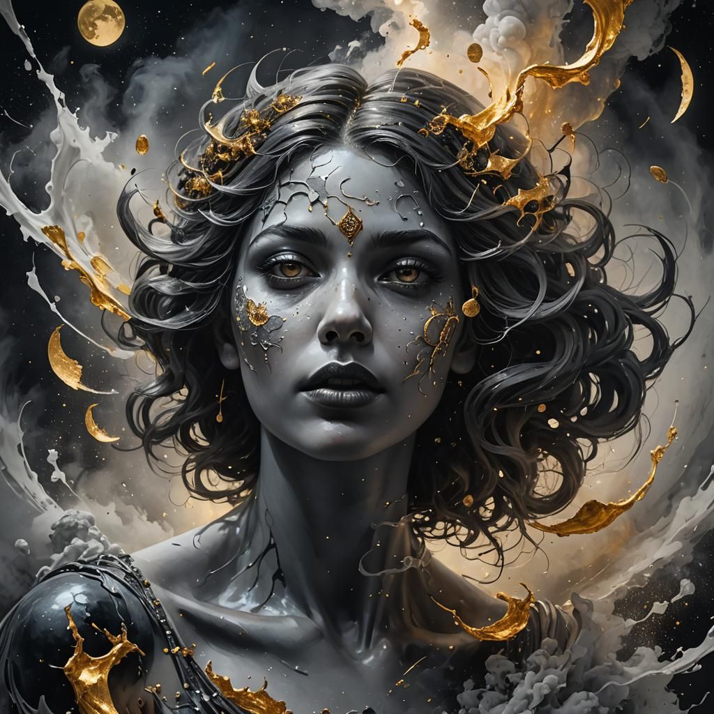 Woman and Moon in Hyperrealistic Splash Art