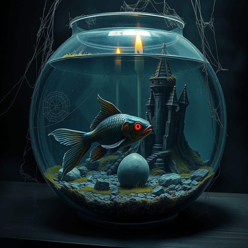 Haunted Fishbowl in Dark Surrealist Style