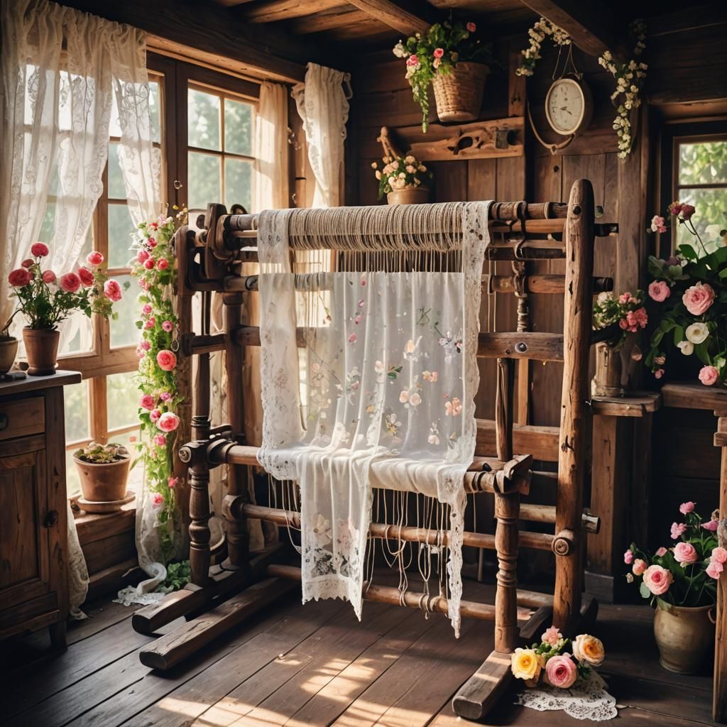 Vintage Loom in Rustic Room with Floral Accents