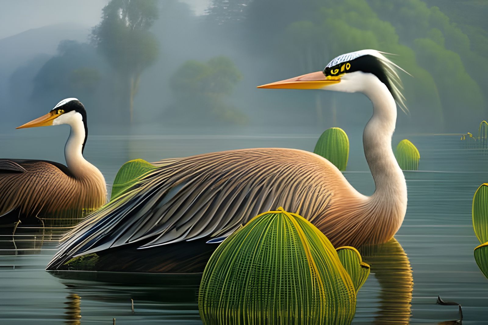 Ethereal Lake with Lotuses and Herons