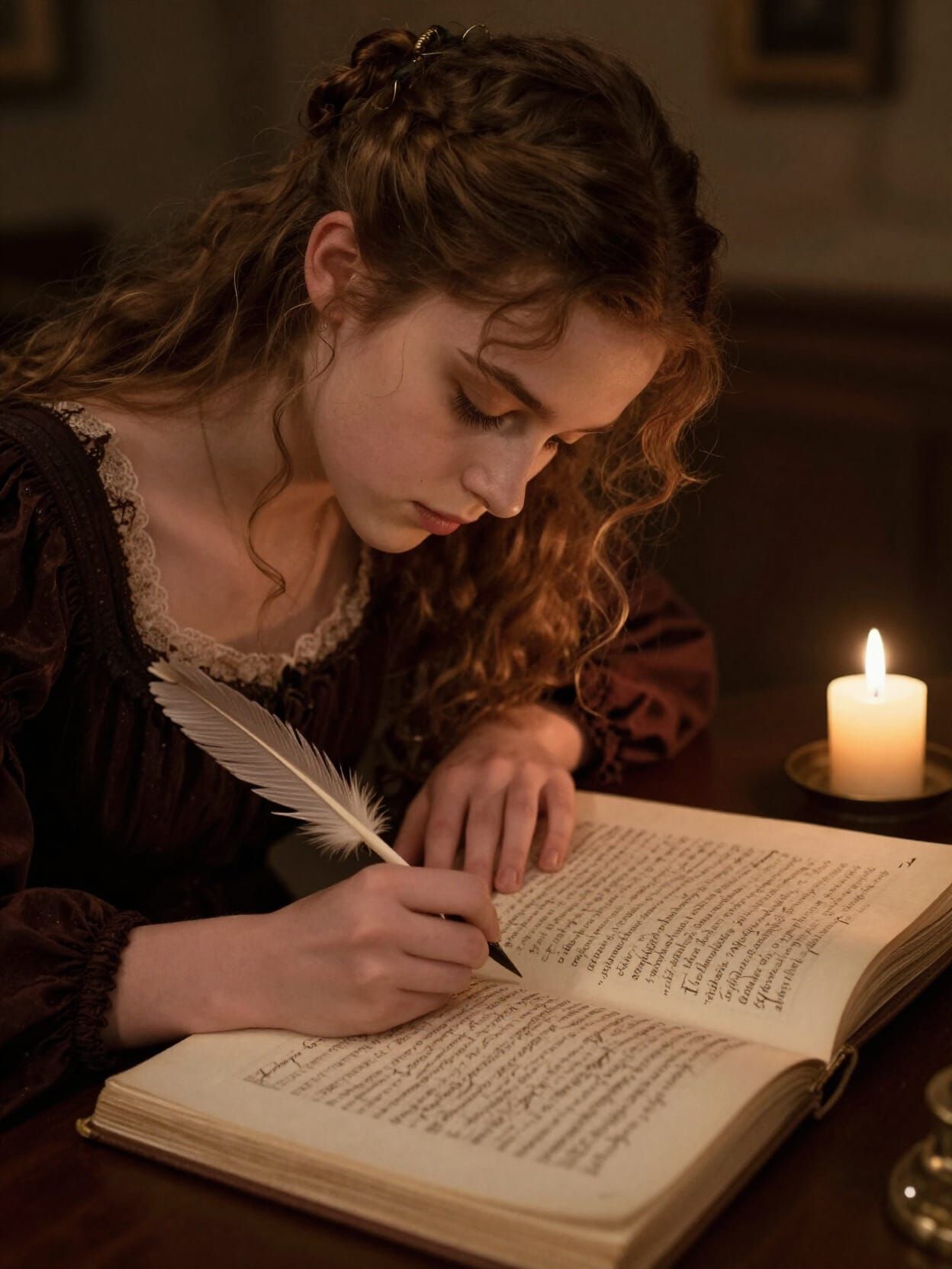Mary Shelley Writing by Candlelight, Photorealistic