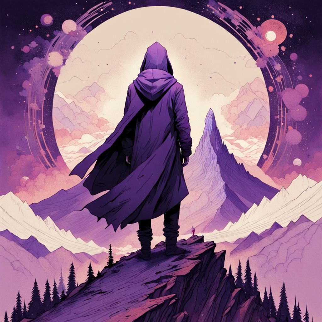 Hooded Figure on Mountain Ridge in Slash Art Style
