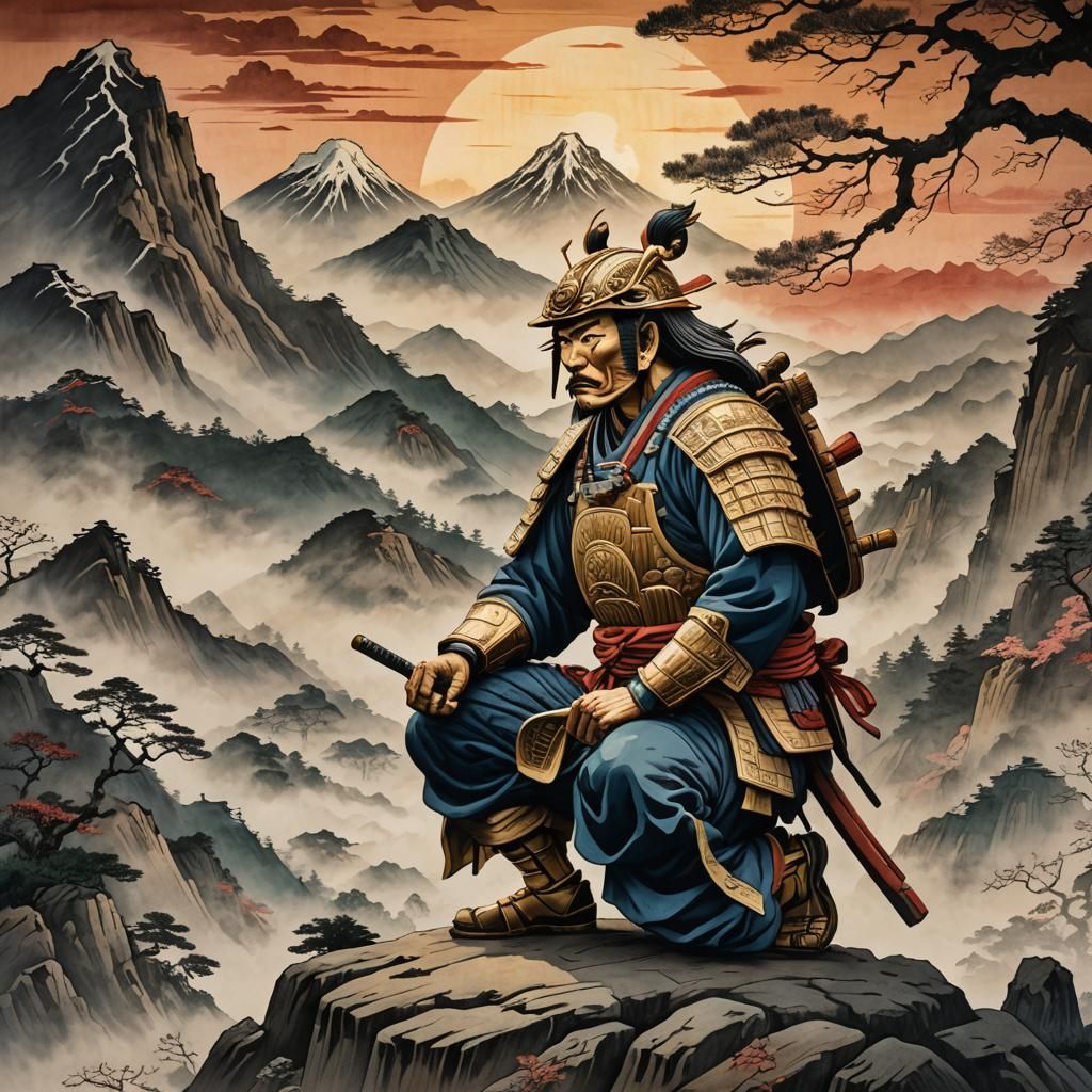 Ukiyo-e style warrior kneeling in front of a mountain landsc...