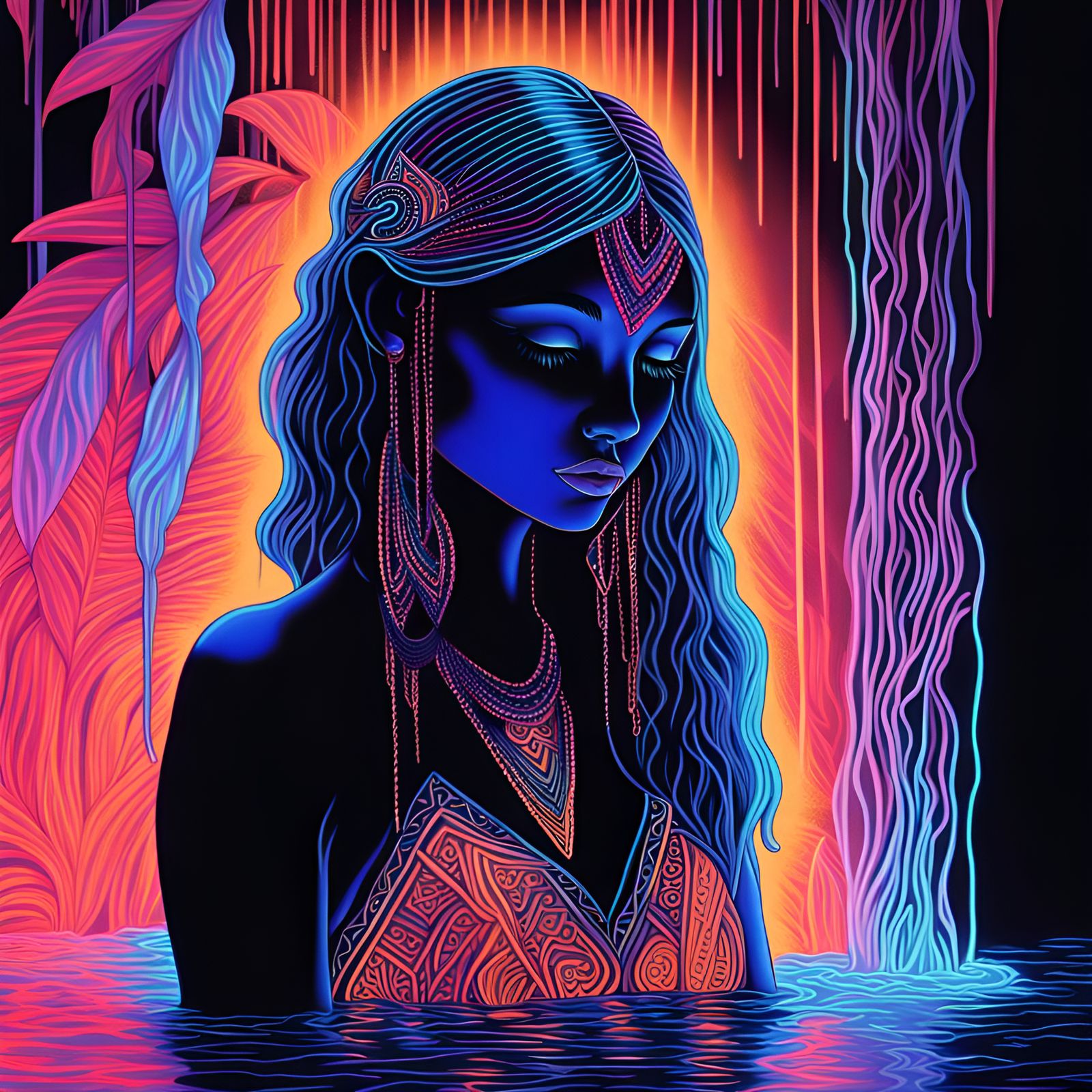 Intricate Neon Girl Under Waterfall in Blacklight Art