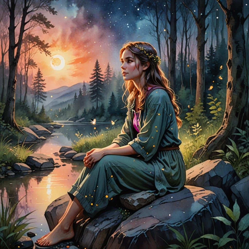 Enchanting Woman in Moonlit Woods: Dreamy Watercolor Art