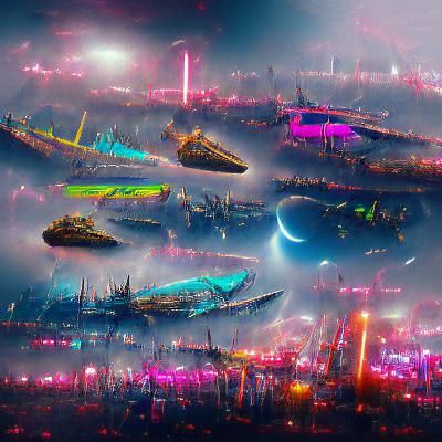 Spaceship Fleet Colonizes Planet in Cyberpunk Style