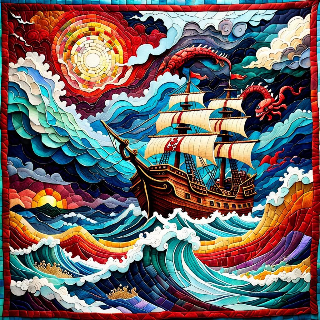 Kraken Attack on Pirate Ship in Fabric Collage