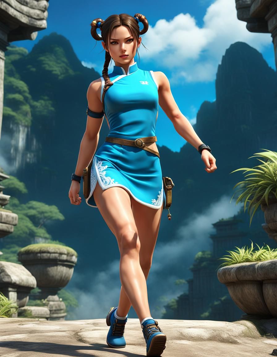 Lara Croft in Blue Qipao, Hyperrealistic Portrait