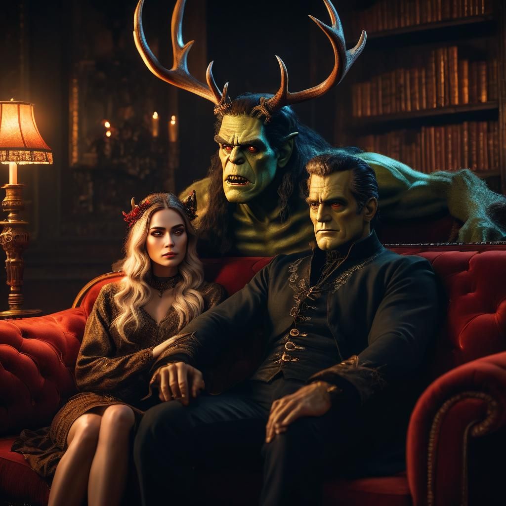 Fae Woman and Frankenstein's Monster in Art Nouveau Style