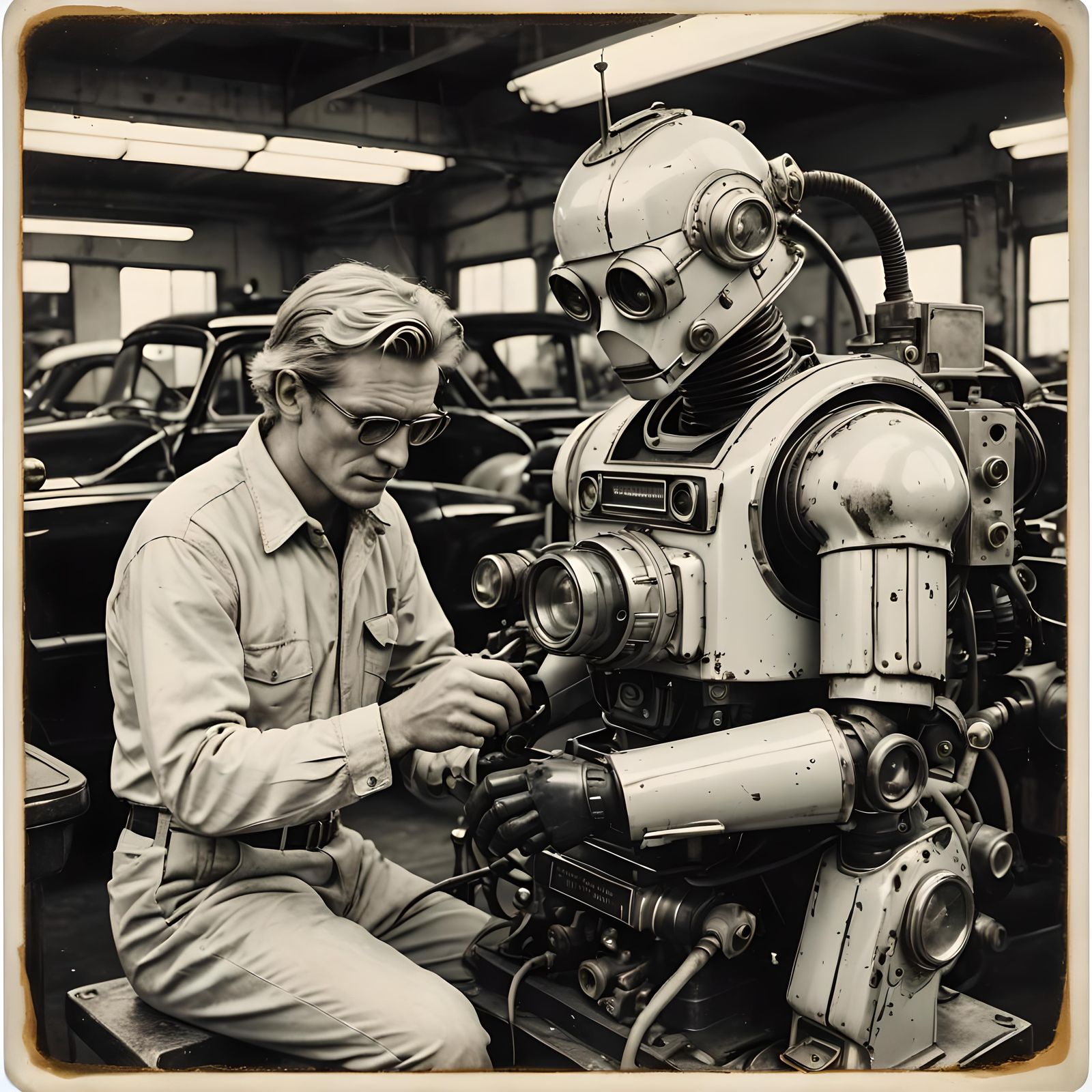 Steampunk Robot Mechanic Repairs Car: Pop Art Polaroid