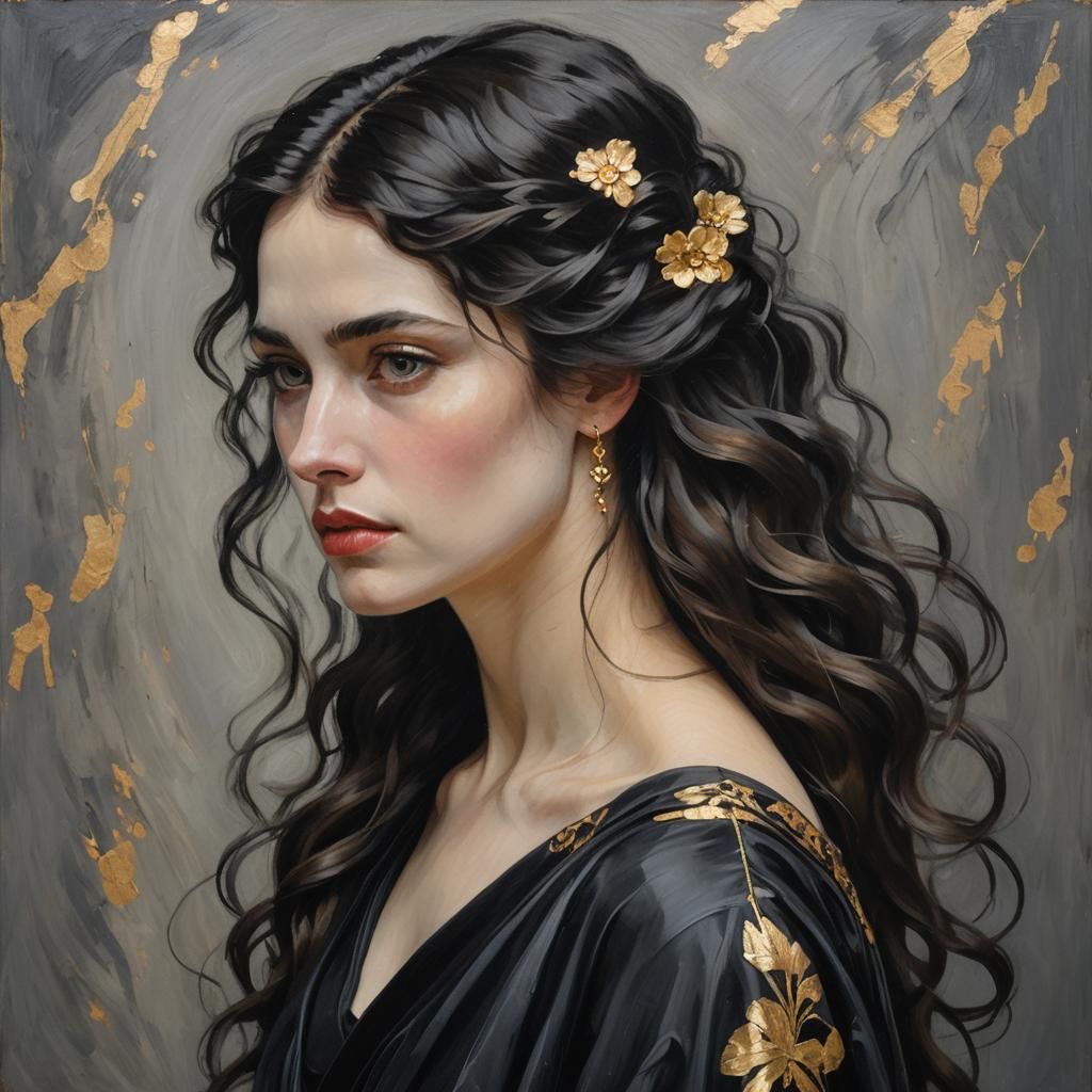 Woman in Black Dress: Oil Painting in Klimt Style