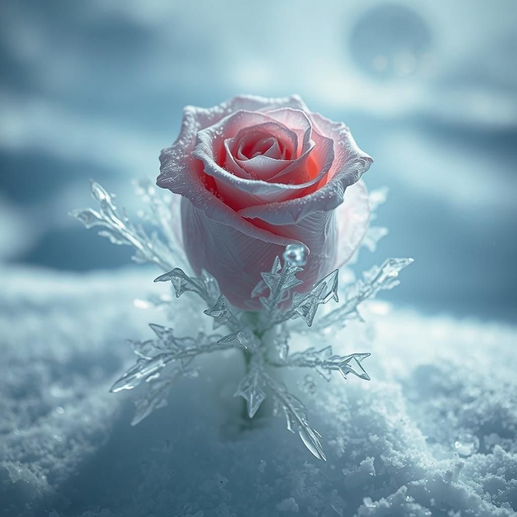 Frozen Rose Encased in Ice Spikes in Snow