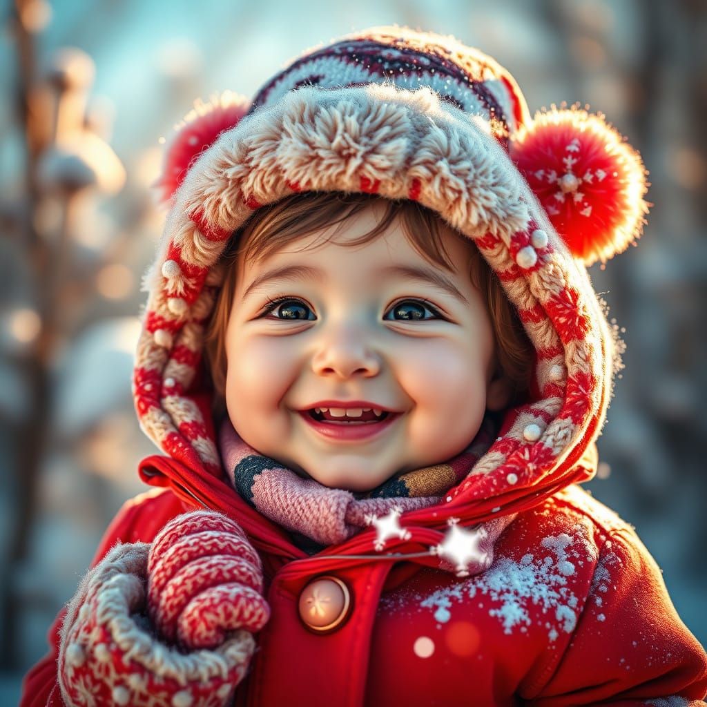 Joyful Winter Baby in Vibrant Outfit Amidst Whimsical Winter...