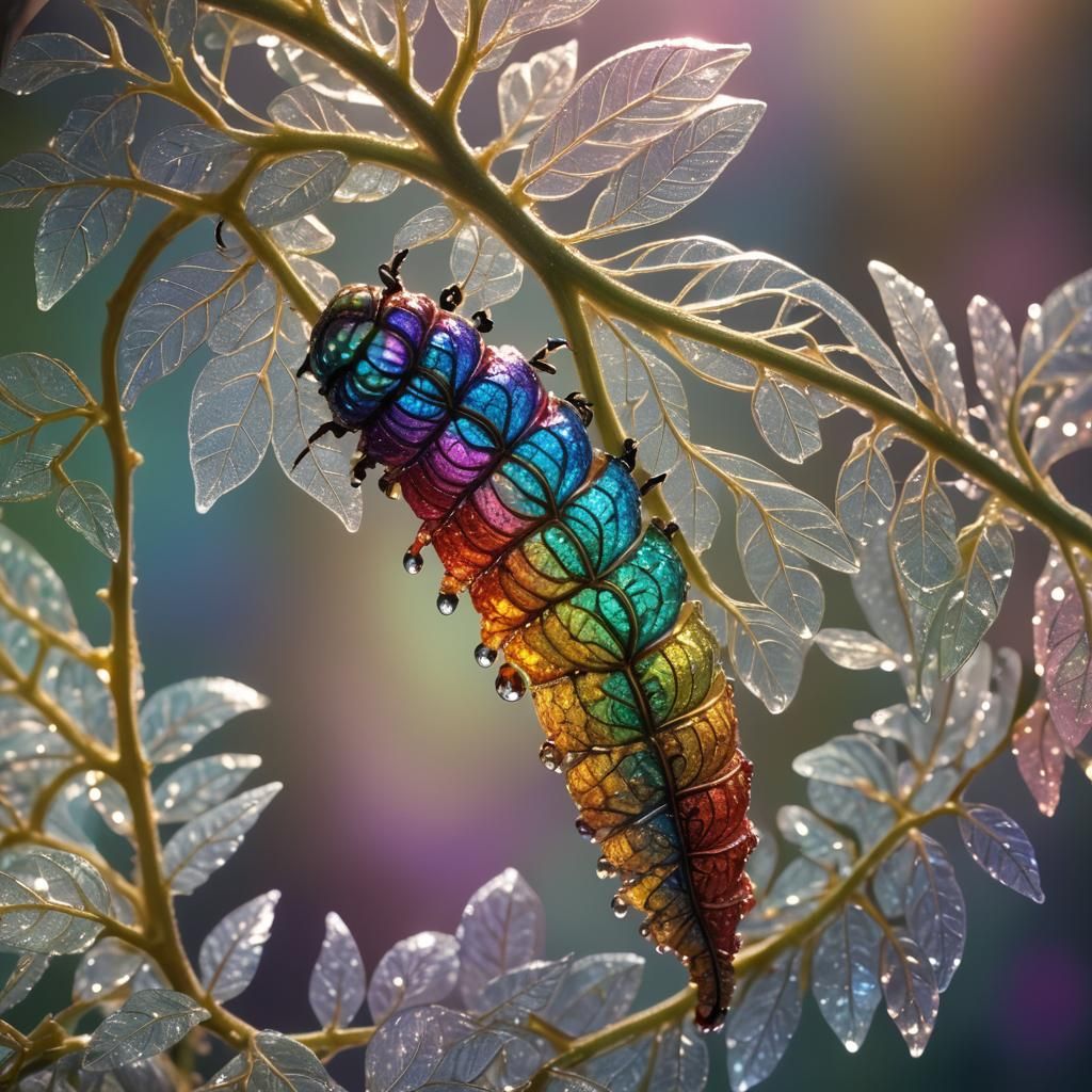Translucent Rainbow Caterpillar on Crystal Leaf
