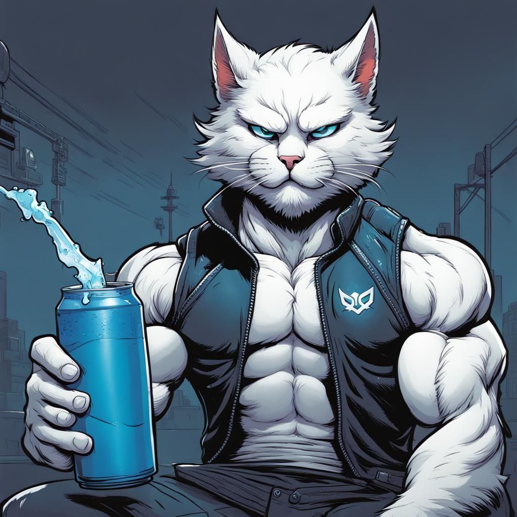 Muscular Anthropomorphic Cat Chugging Energy Drink Comic Art