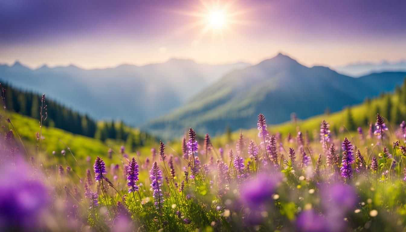 Mountain Meadow Panorama with Purple Flowers