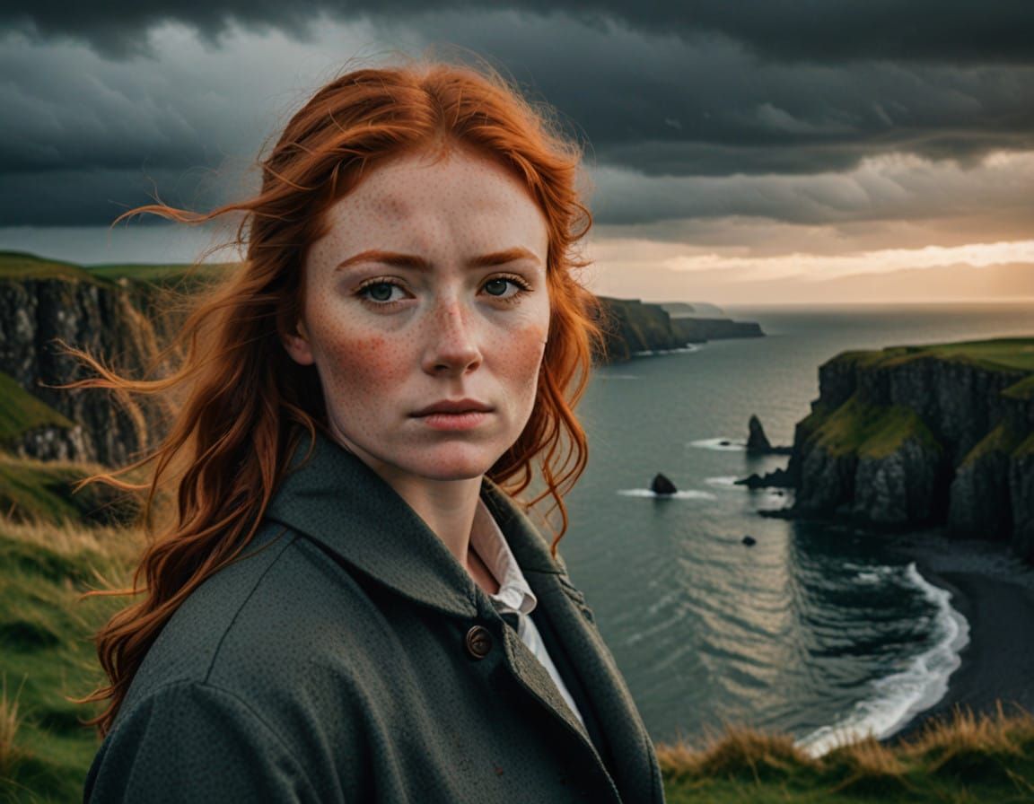 Sorrowful Irish Beauty Amidst Stormy Irish Sea Cliffs