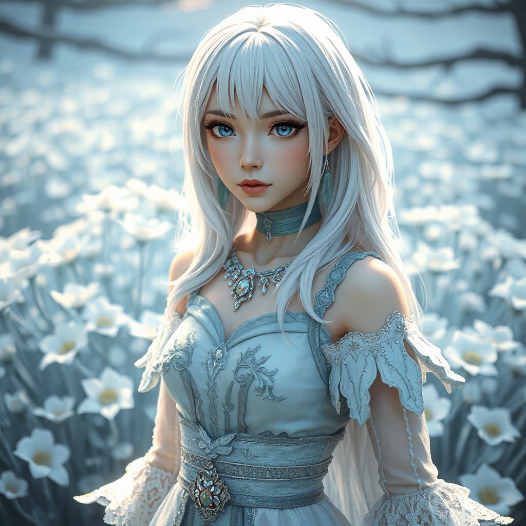 Anime Woman in Icy Dress Amidst Fantasy Flowers