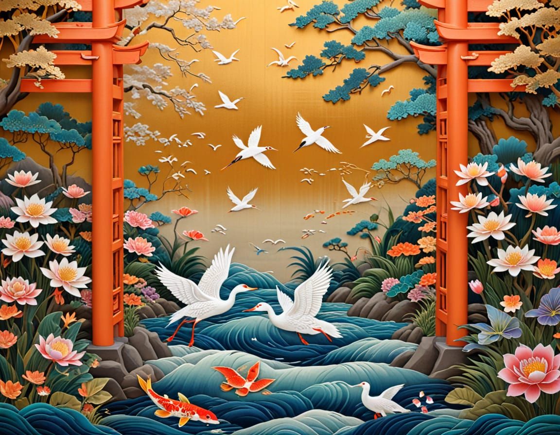 Luxurious Silk Tapestry of Torii Gates with Cranes and Koi