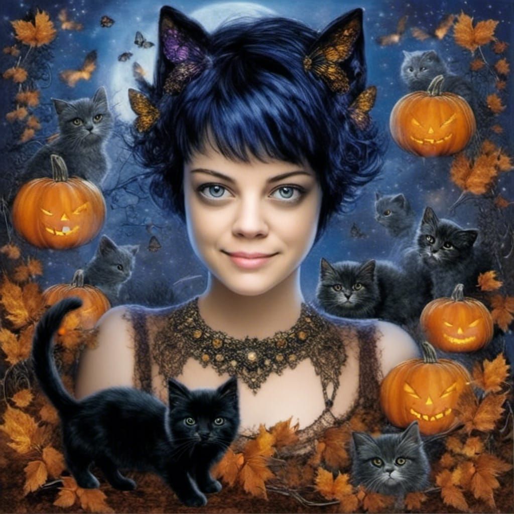 Halloween Fairy with Black Cat in Ethereal Style