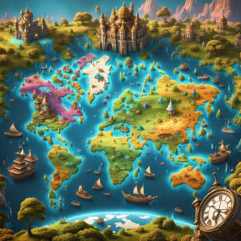 Fantastical Whimsical World Map in Detailed Matte Painting