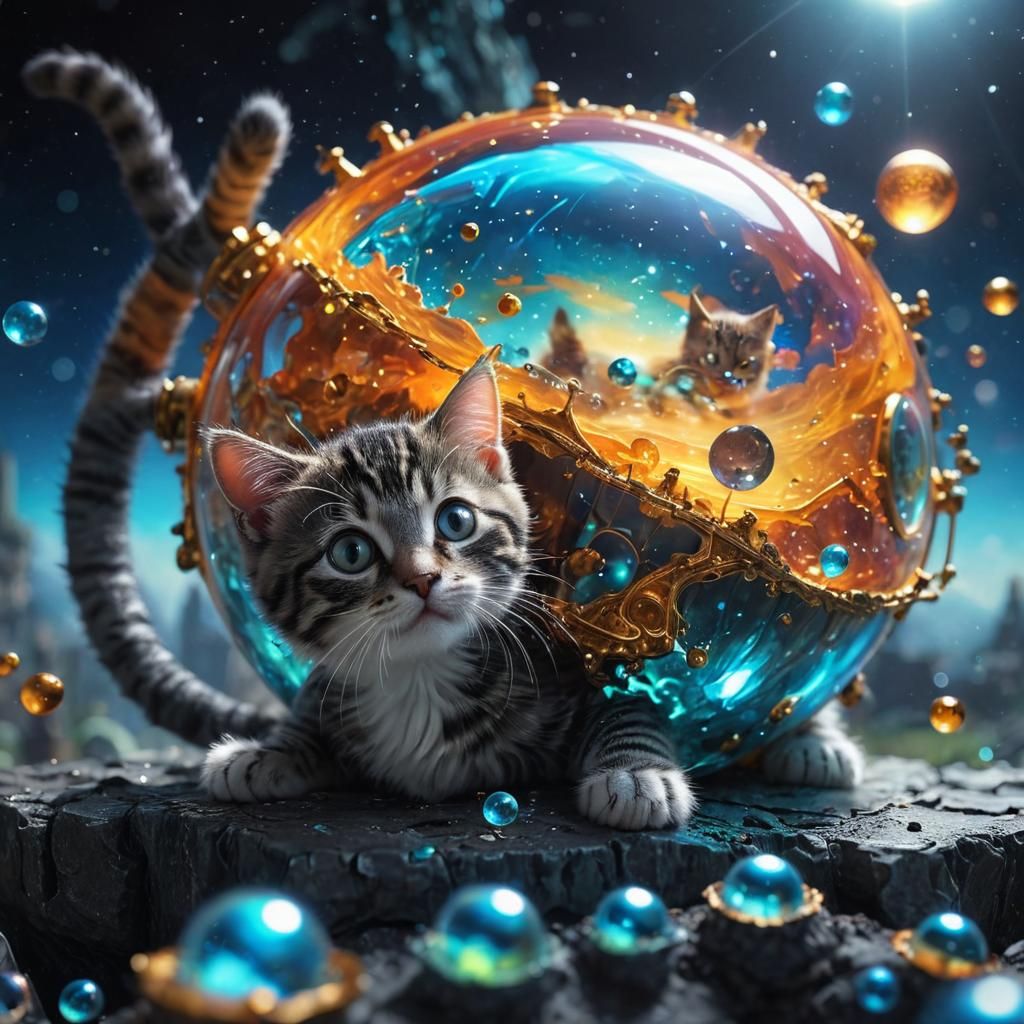 Kitten Inside Microscopic Glowing World: Digital Painting