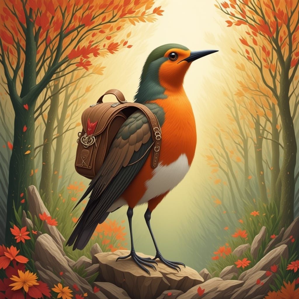 Robin Bird With Backpack in Sunny Forest