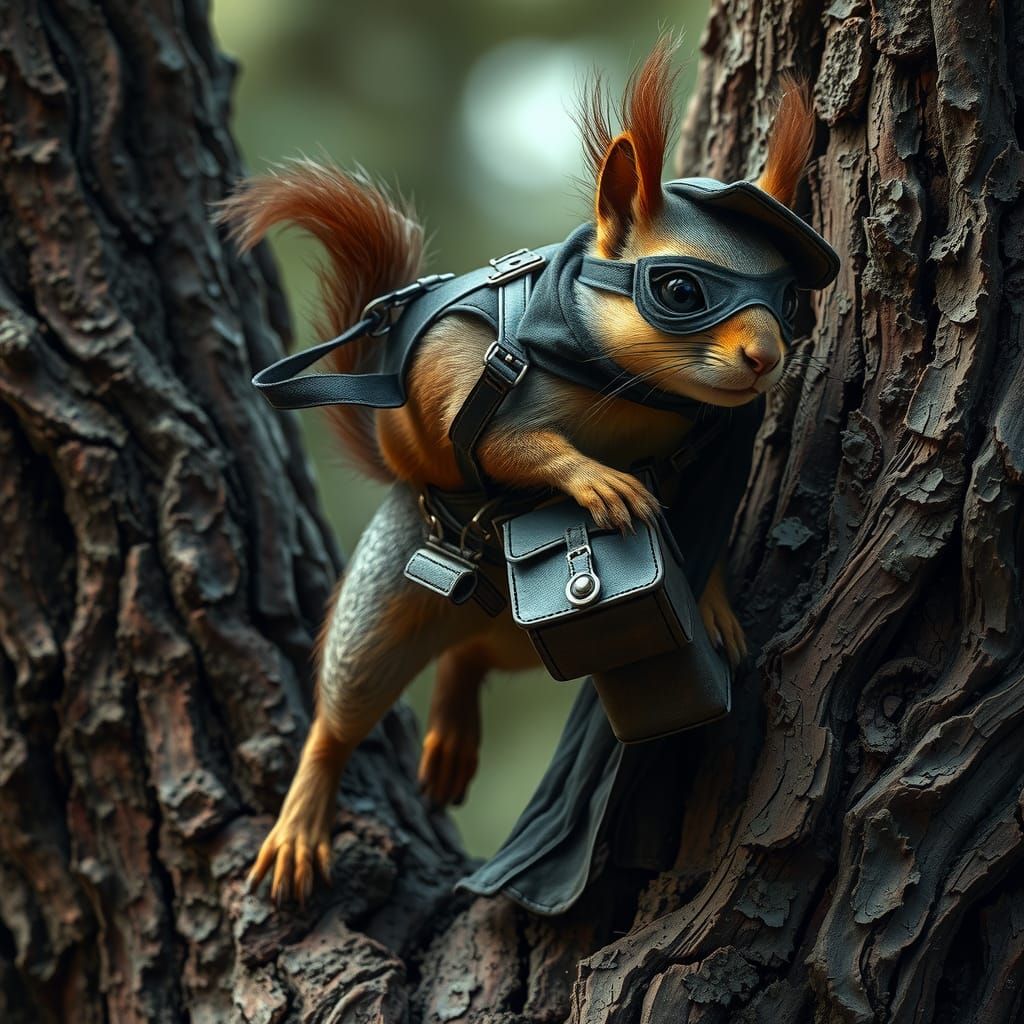 Squirrel Robber Ascends Tree in Whimsical Art Style