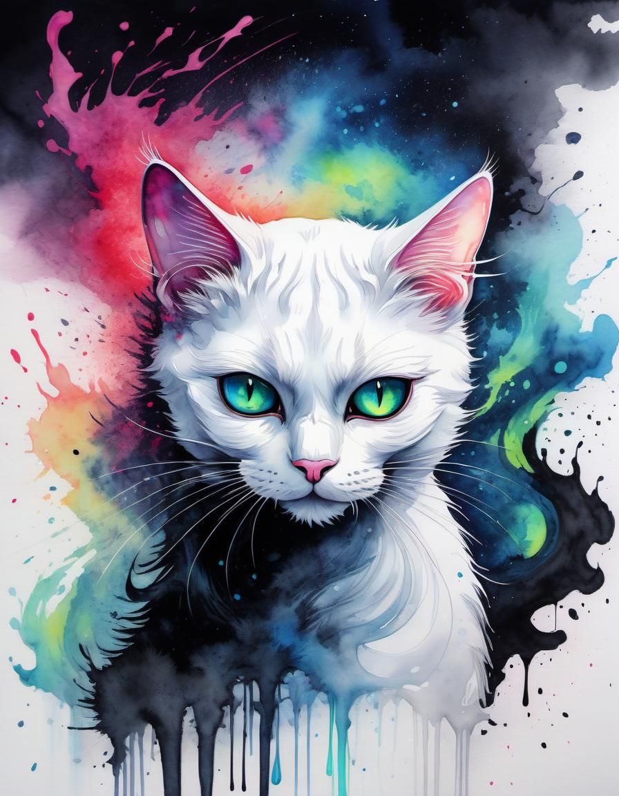 Ying Yang Cats in Watercolor Ink Splatter