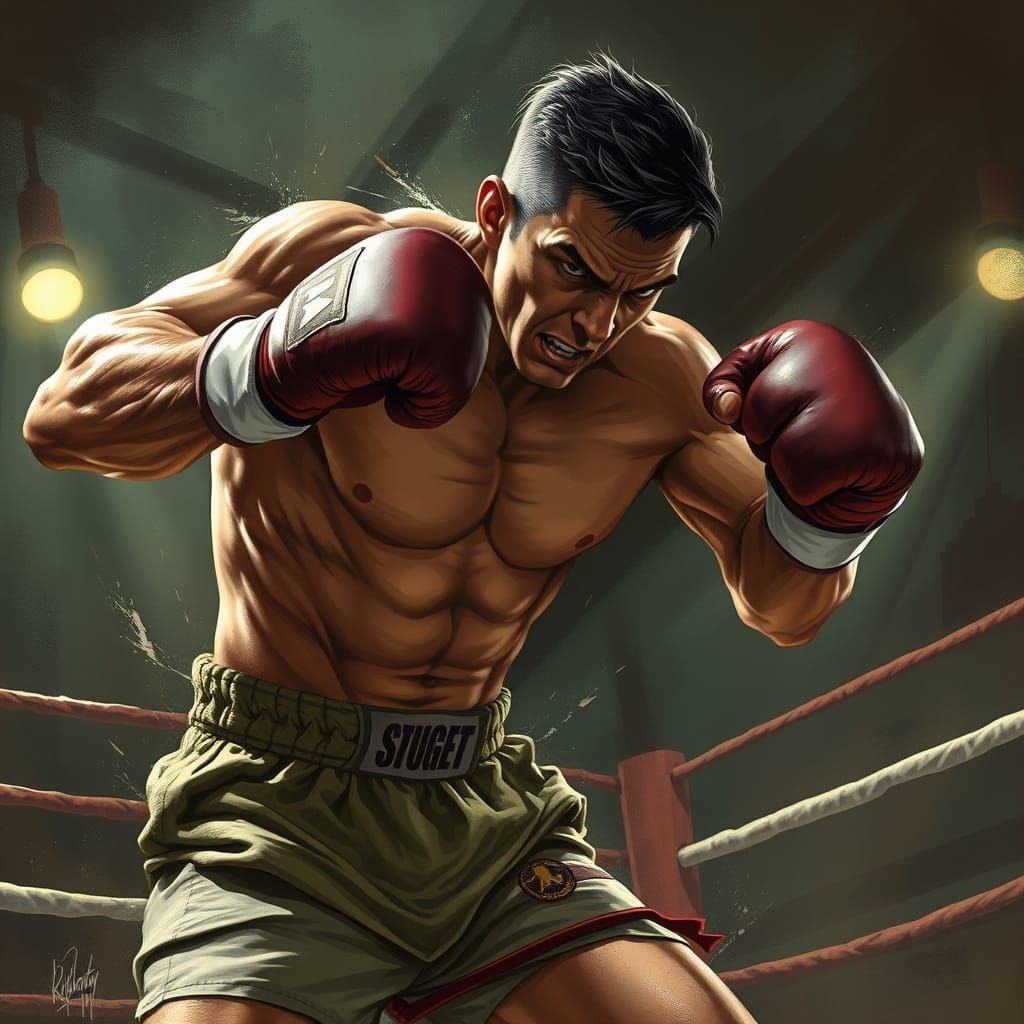 Dynamic Boxer Mid-Punch in Gritty Ring