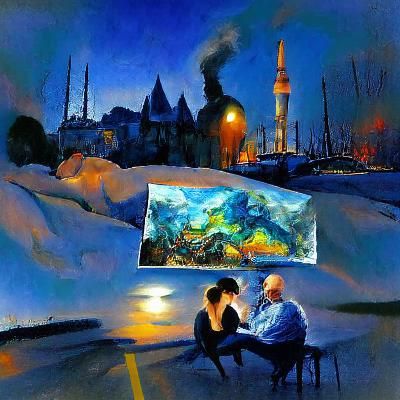 Lovers in Nightclub Under Deep Blue Sky as Impasto Painting