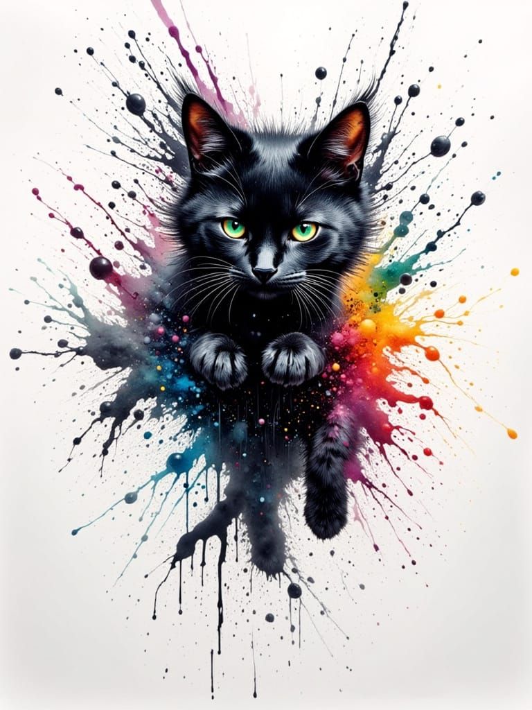 Black Cat Leaping from Ink Splashes in Hyperrealism