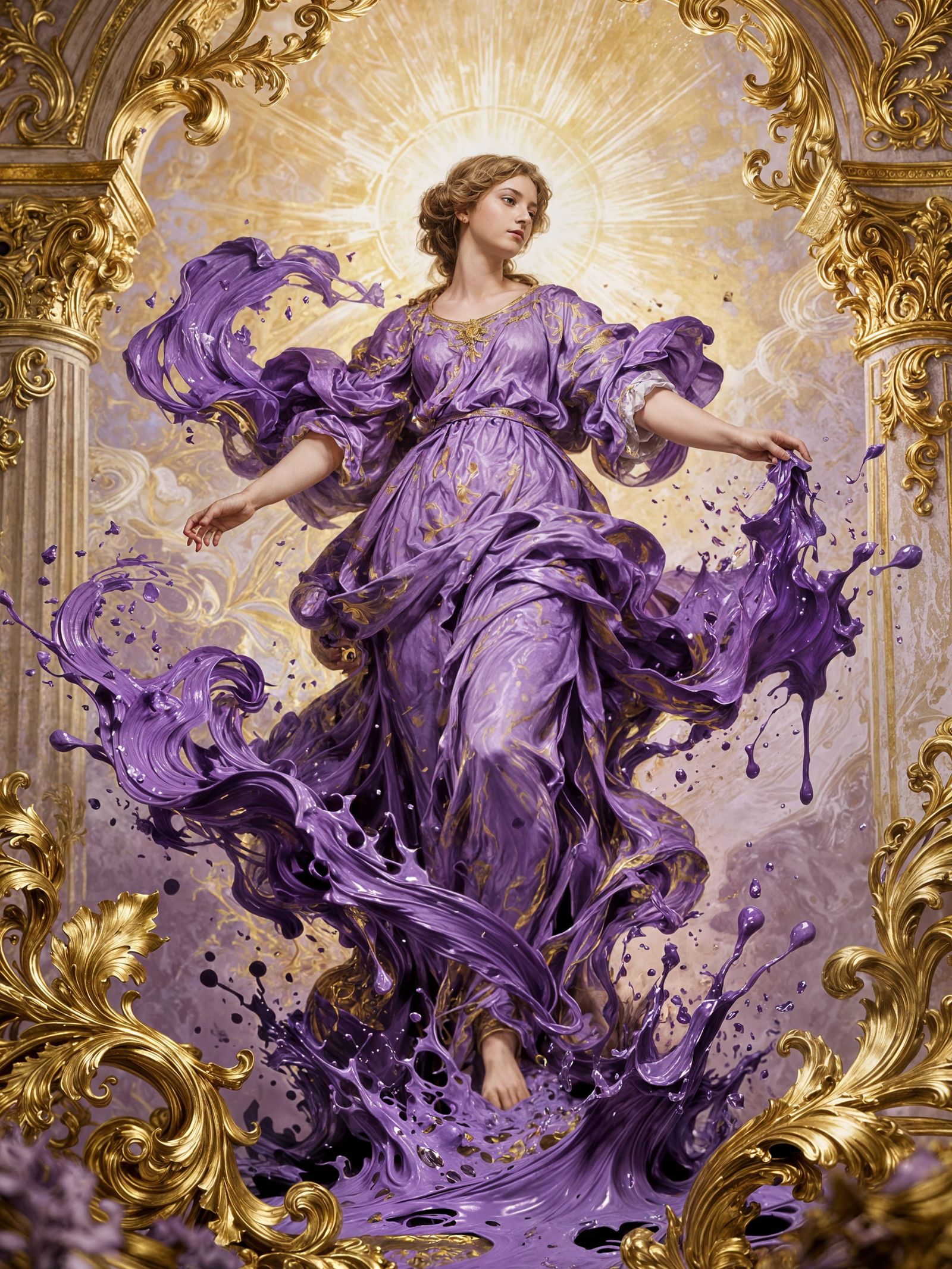 Baroque Female fantasies shaped by purple paintsplash baroque golden splash holy background