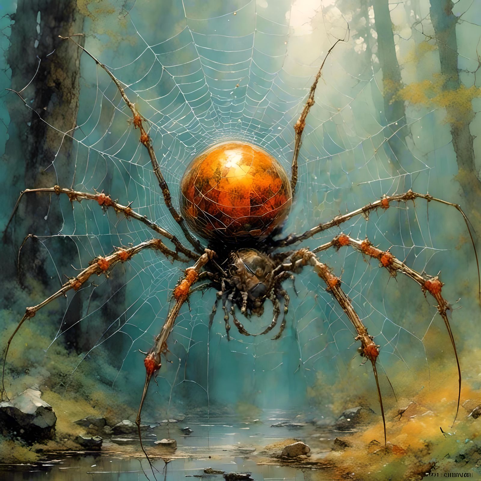 Spider on Web in Unique Artistic Style