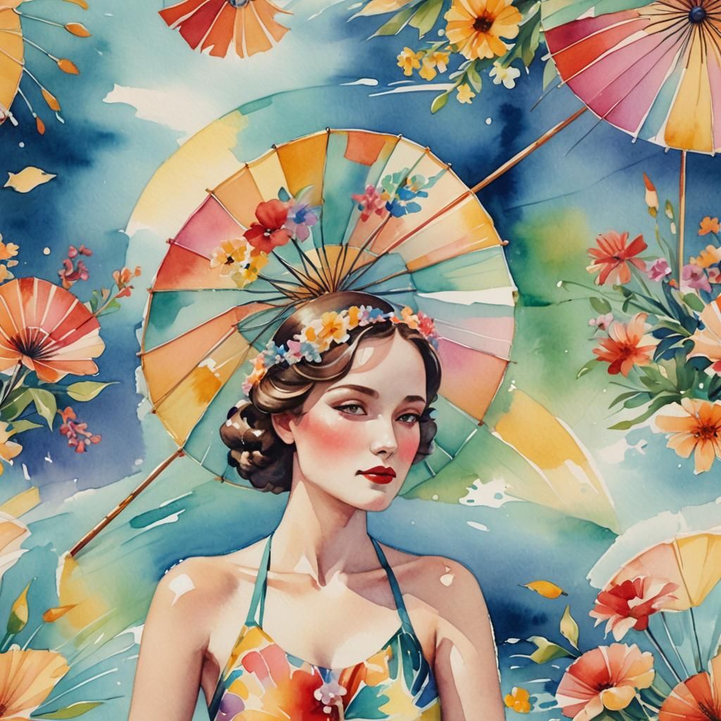 Art Deco Woman Relaxing Under Parasol Watercolor