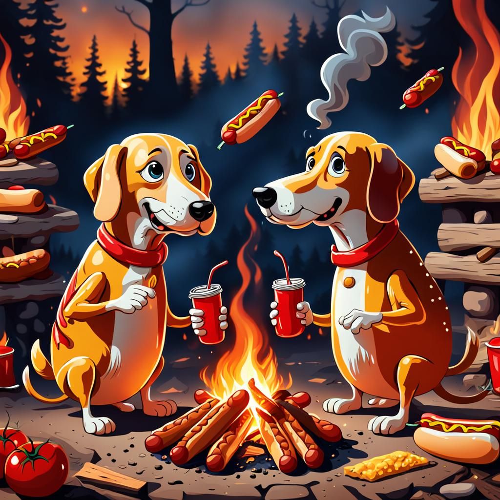 Cartoon Hot Dogs Warm Themselves by Bonfire