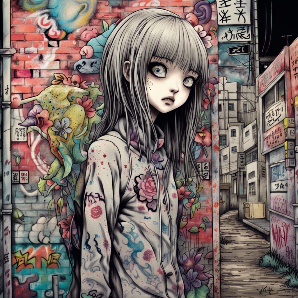 Junji Ito Inspired Graffiti Art of a Surreal Girl