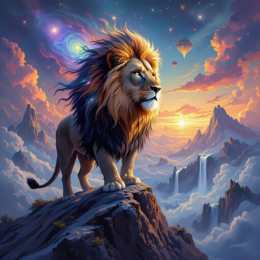 Cosmic Lion on Crystal Peak Overlooking Dreamscape