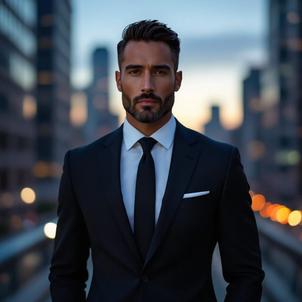 Jovan Gill in Sharp Suit, Urban Cityscape at Dusk