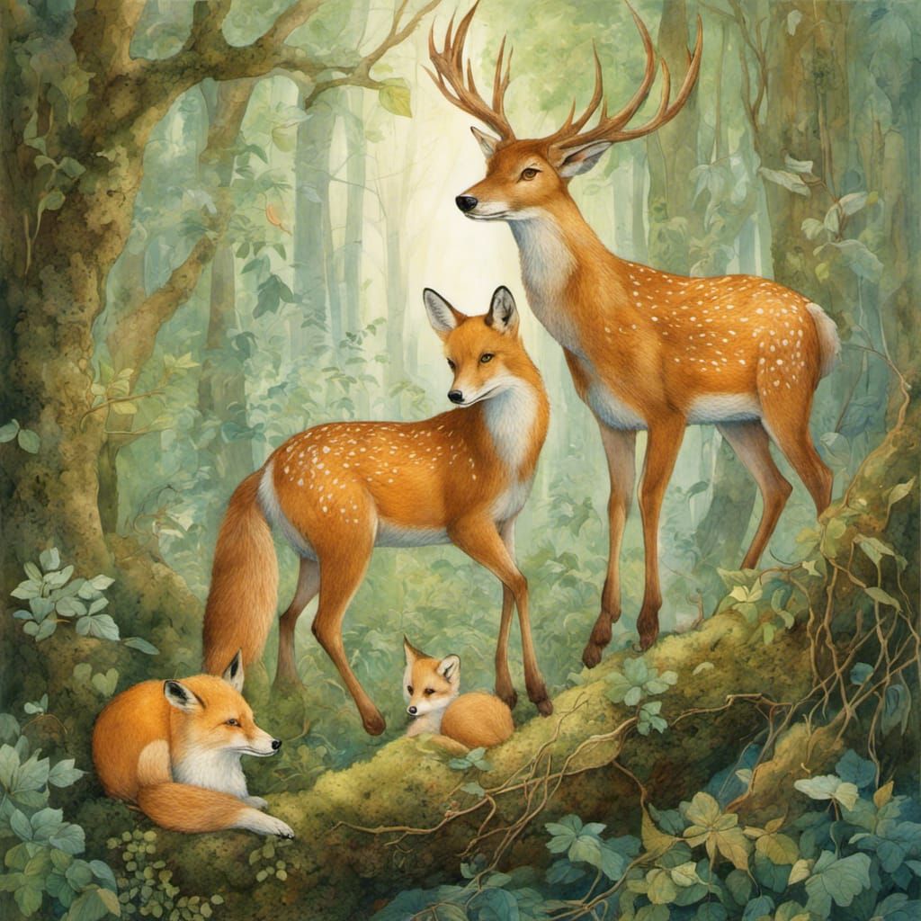 Enchanted Forest Fauna Illustration in Art Brut Style