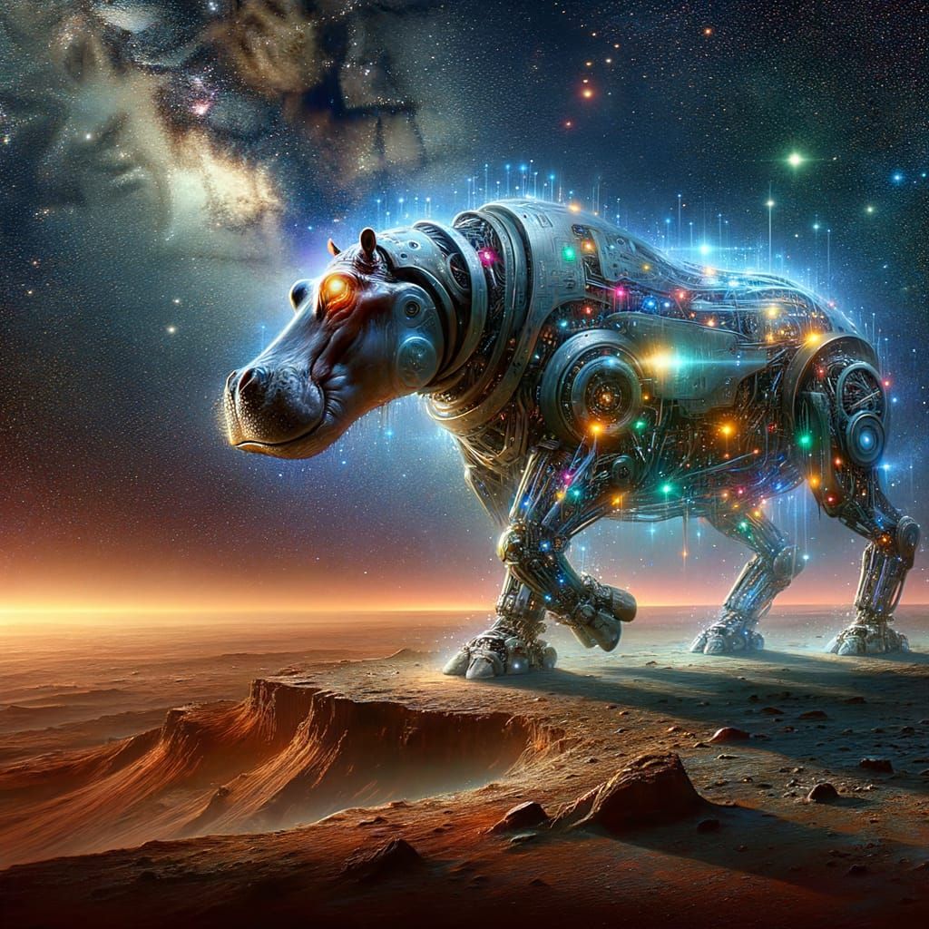 Hippo-Android Galactic Explorer on Mars at Night