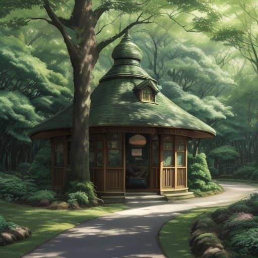 Totoro's Whimsical Bus Stop in a Vibrant Watercolor Forest