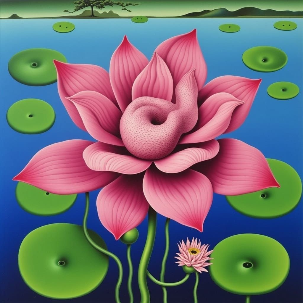 Pink Snake Curled Around Lotus Flower