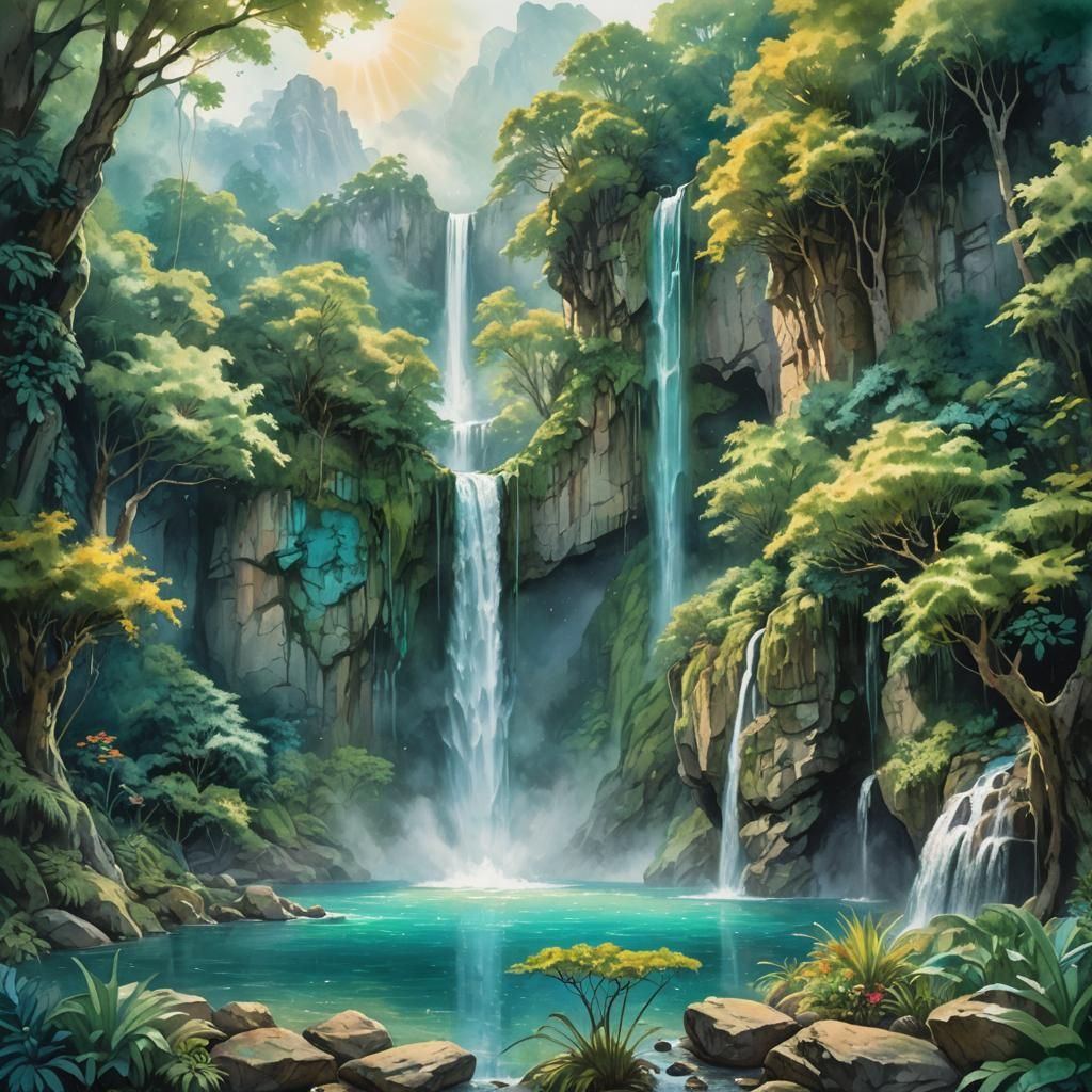 Turquoise Waterfall in Emerald Pool: Watercolor Fantasy